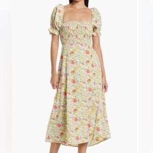 ASTR The Label Smocked Floral Puff Sleeve Midi Dress
